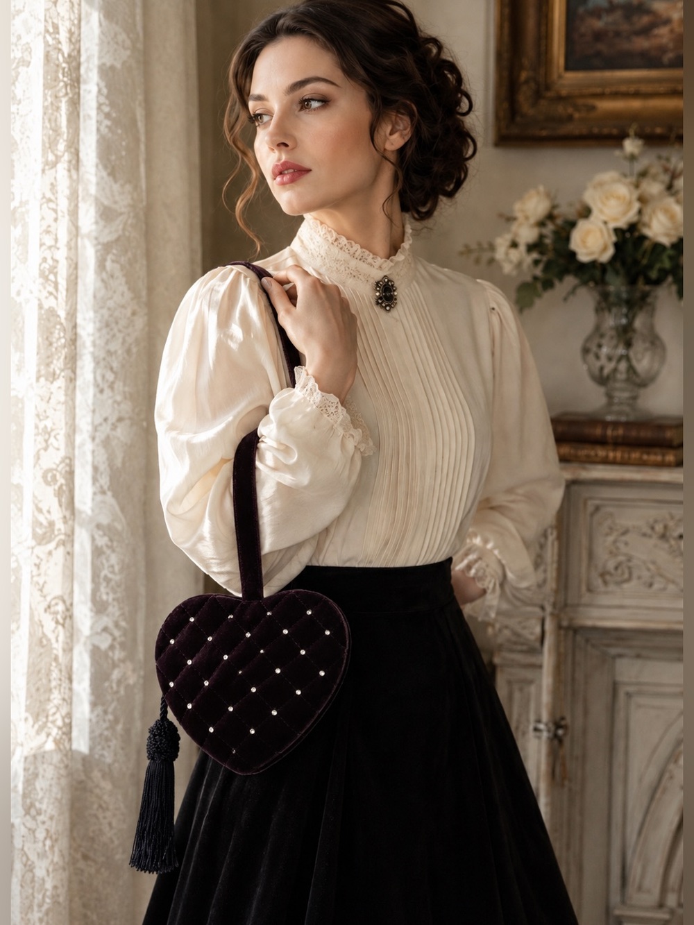 Quilted Romance crystal embellished velvet, heart-shaped tassel bag